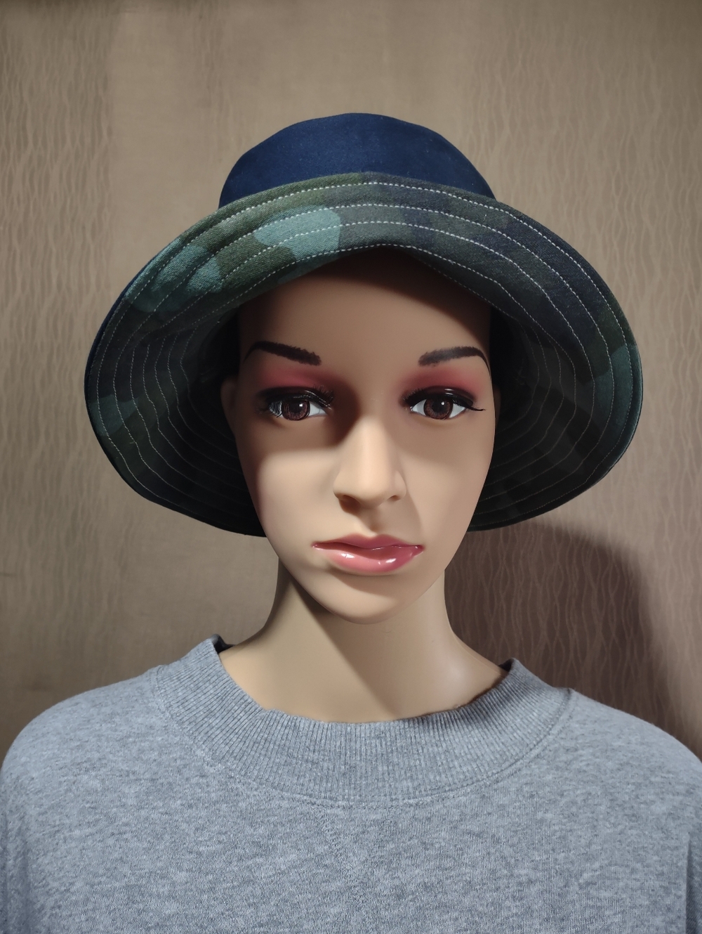 Handmade Upcycled Reversible Navy & Green Camo Bucket Hat - Picture 11 of 13